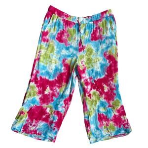 Hailey Lyn Vibrant Floral Tie-Dye Gauzey Wide Leg Capri Pants‎ Size XL